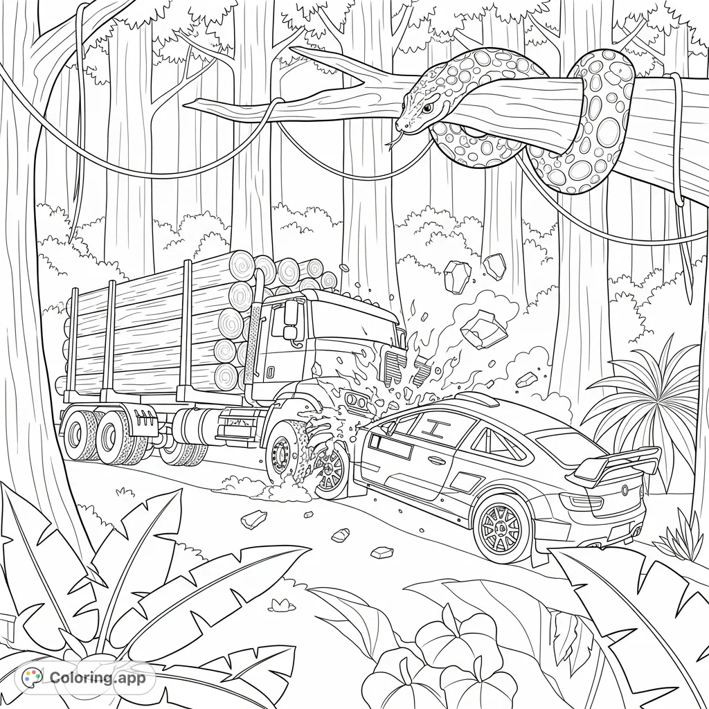Dynamic scene of a lumber truck colliding with a rally race car in a lush tropical rainforest, with an anaconda observing from above. A thrilling adventure!