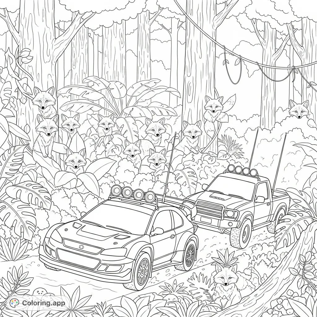 An action-packed rally race car and off-road truck with distinct antennas speed through a tropical rainforest, observed by ten curious foxes.