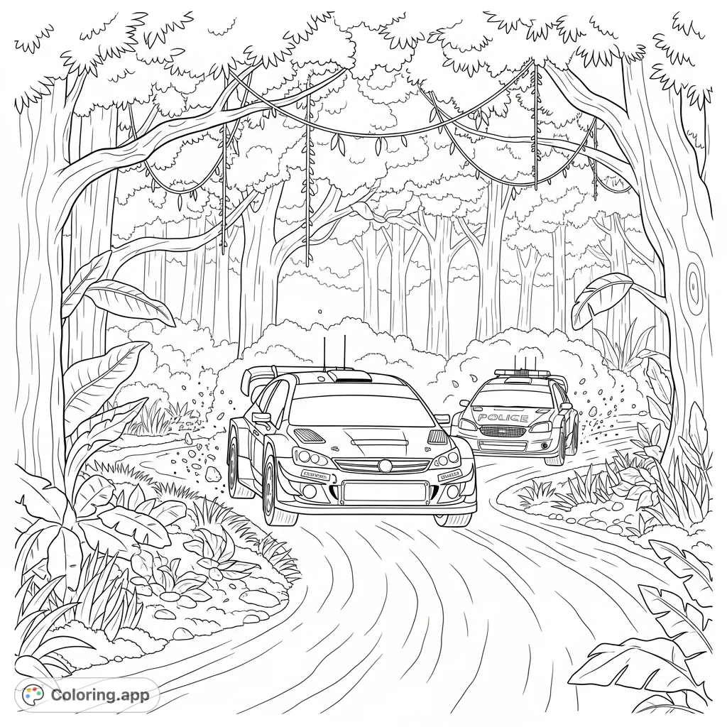 Experience the thrill of a high-speed rally chase through a lush rainforest with this intricate coloring page, featuring two detailed rally cars.