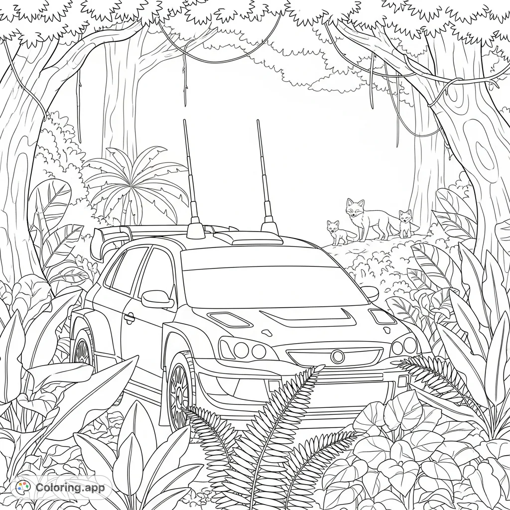 A dynamic rally race car with antennae rests in a lush tropical rainforest, overlooked by an adorable family of foxes. A unique and adventurous scene.