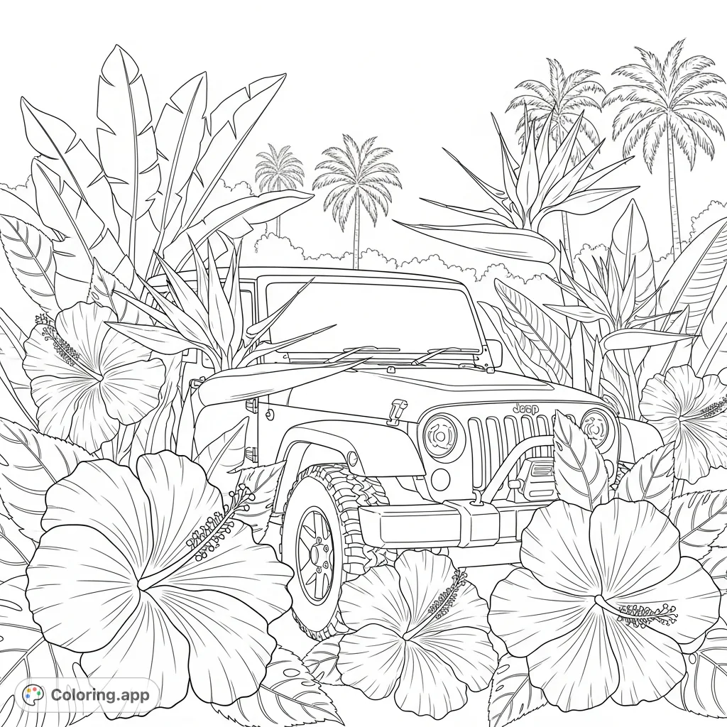 Explore a vibrant tropical scene featuring a rugged jeep amidst lush hibiscus and exotic bird of paradise flowers, perfect for a relaxing coloring escape.