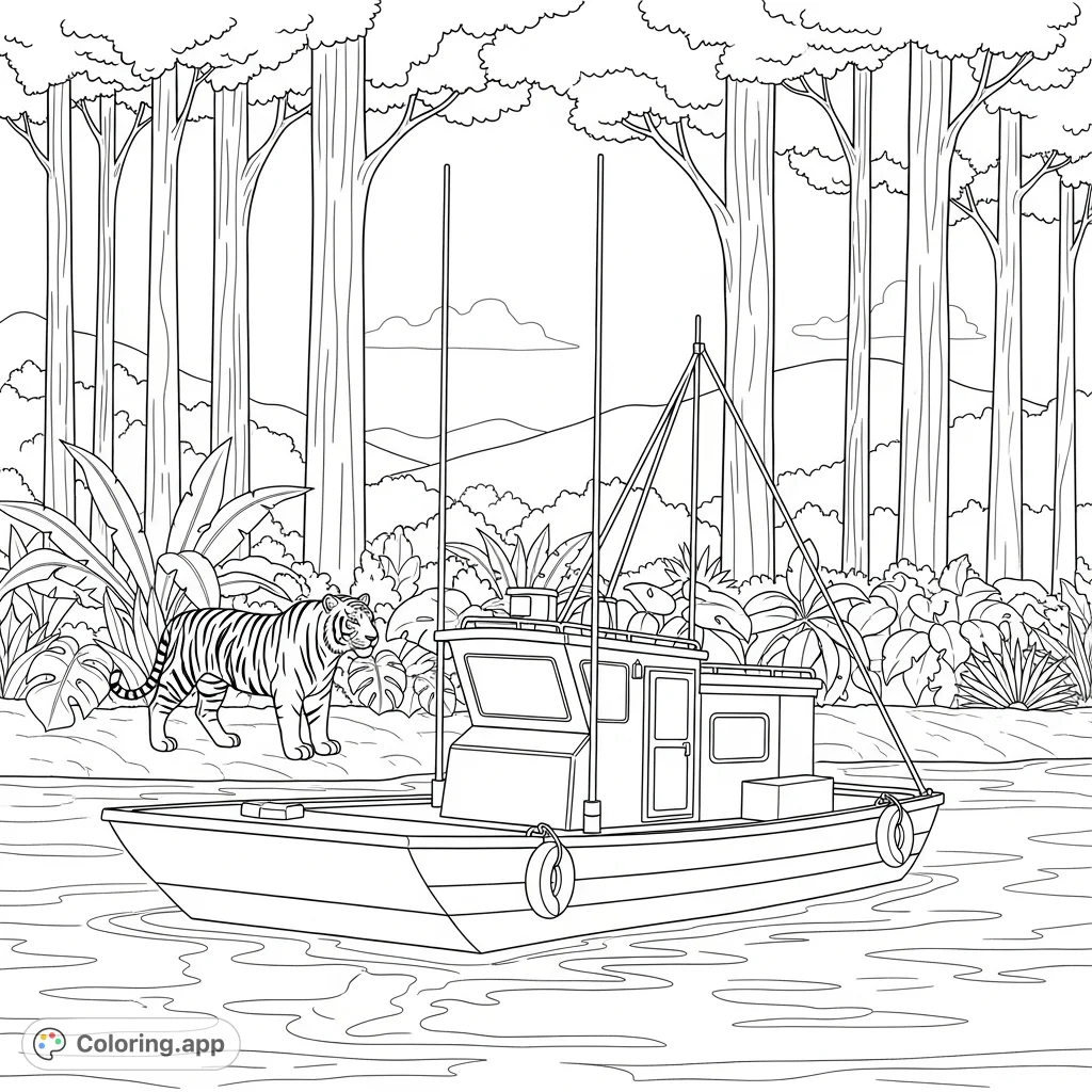 Explore a serene tropical river scene featuring a utility boat with antennas and a majestic tiger standing among lush foliage. A captivating nature coloring page.