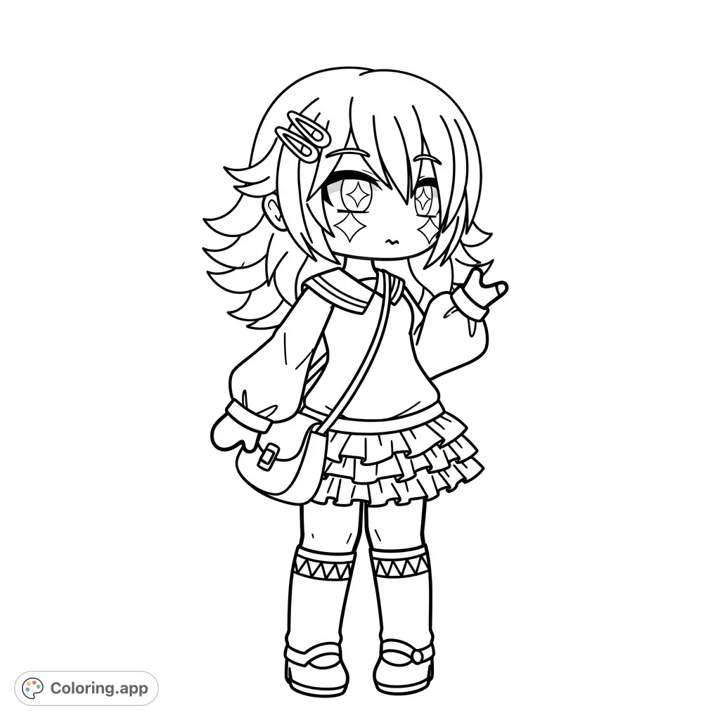 Unleash your creativity with this Gacha Life character coloring page, featuring expressive eyes, a stylish outfit, and unique accessories, perfect for fans.