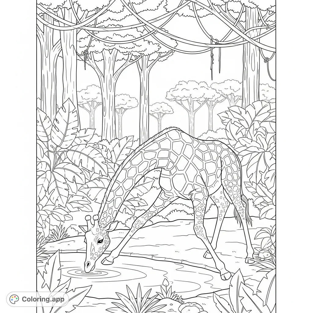 A majestic giraffe bends to drink from a serene watering hole, surrounded by lush jungle foliage. A peaceful safari scene for this giraffe coloring page.