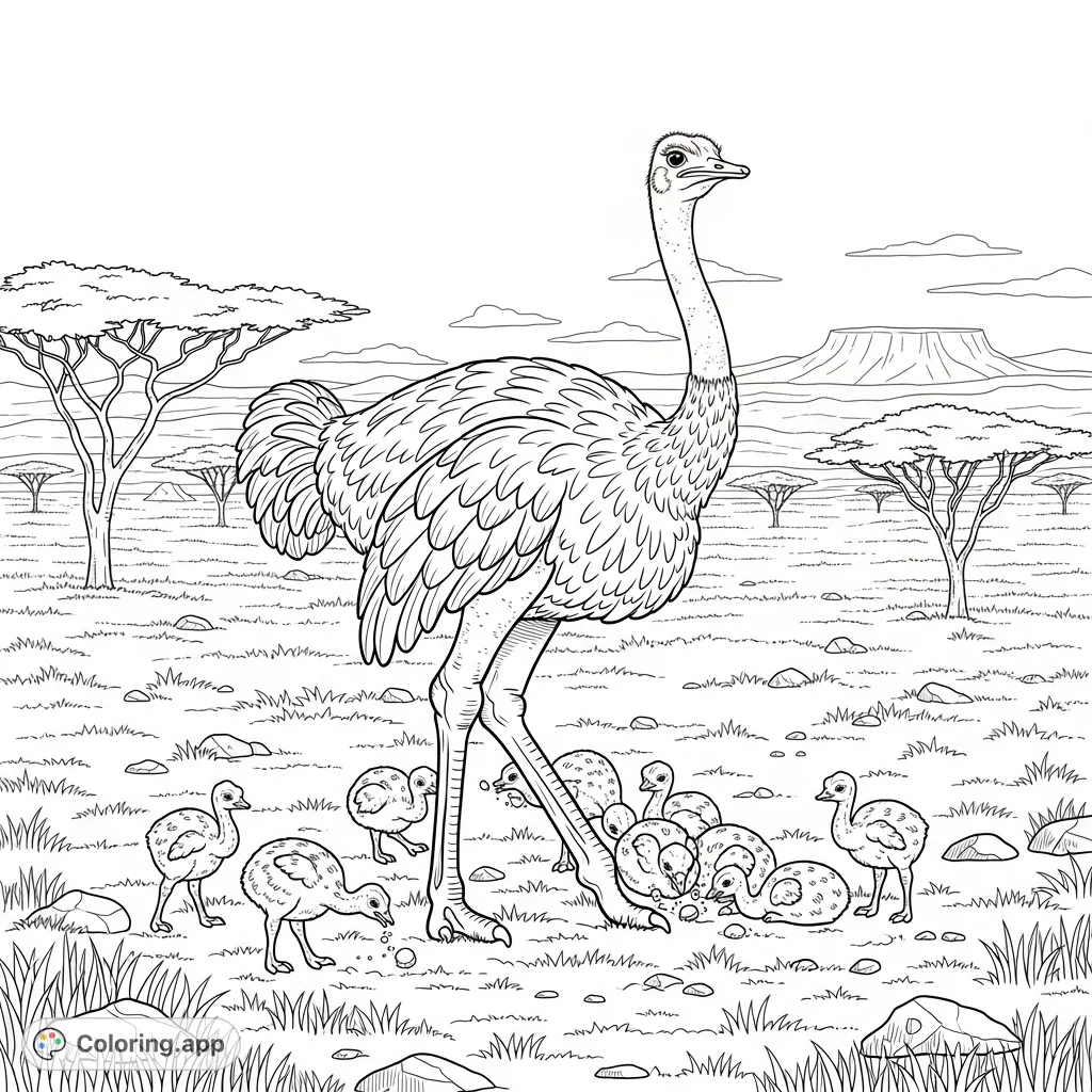An endearing ostrich and her chicks in the savanna, perfect for a peaceful wild animal coloring page. Free printable coloring page fun for all ages.