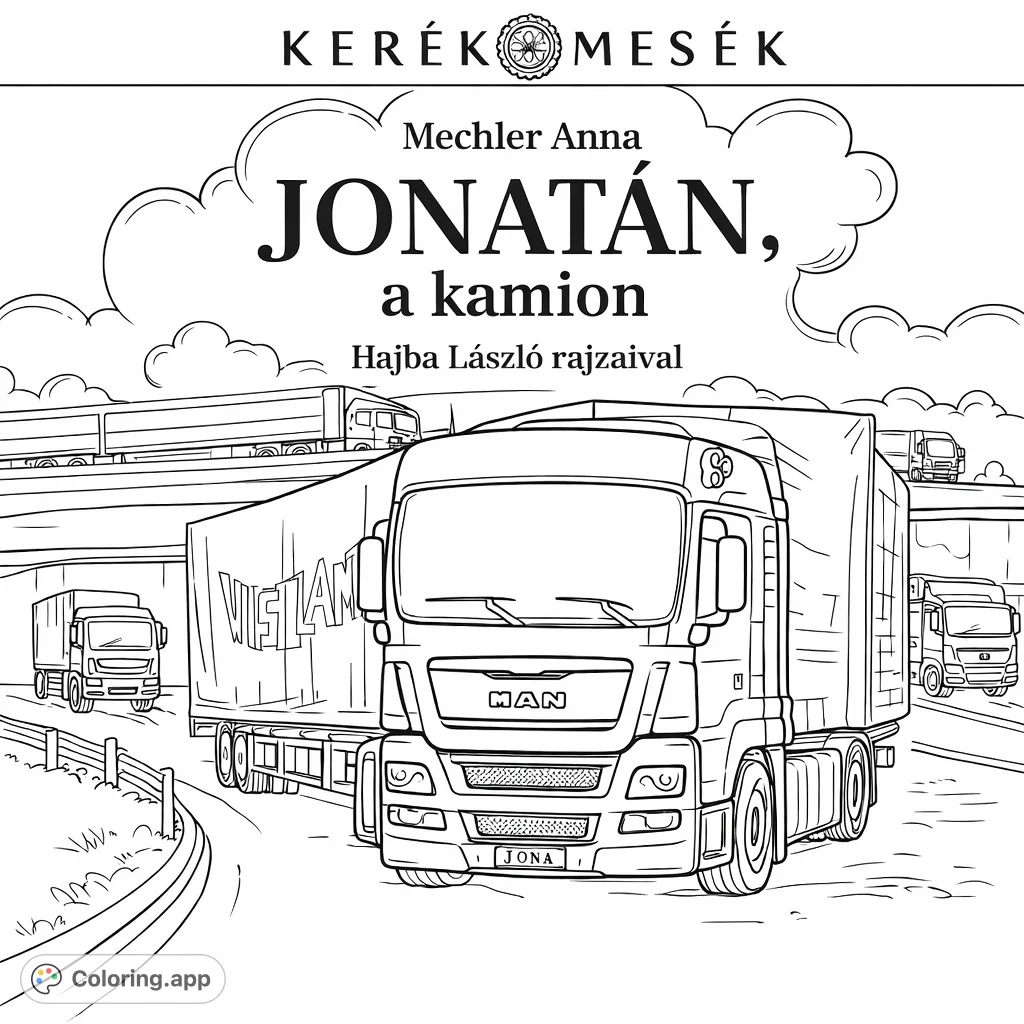 A cheerful semi-truck with a friendly face drives along a busy highway, surrounded by other vehicles and a large overpass. A fun road trip scene for all ages!