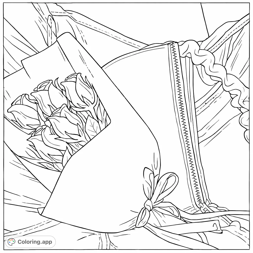 Discover an elegant rose bouquet coloring page, perfect for all ages. Features beautiful rosebuds, a decorative ribbon, and a charming handbag.