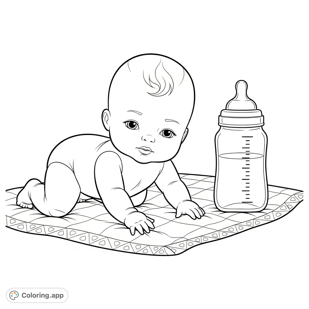 A sweet girl baby doll in a crawling pose on a patterned blanket, with a baby bottle nearby. Perfect for nurturing creativity and fine motor skills.