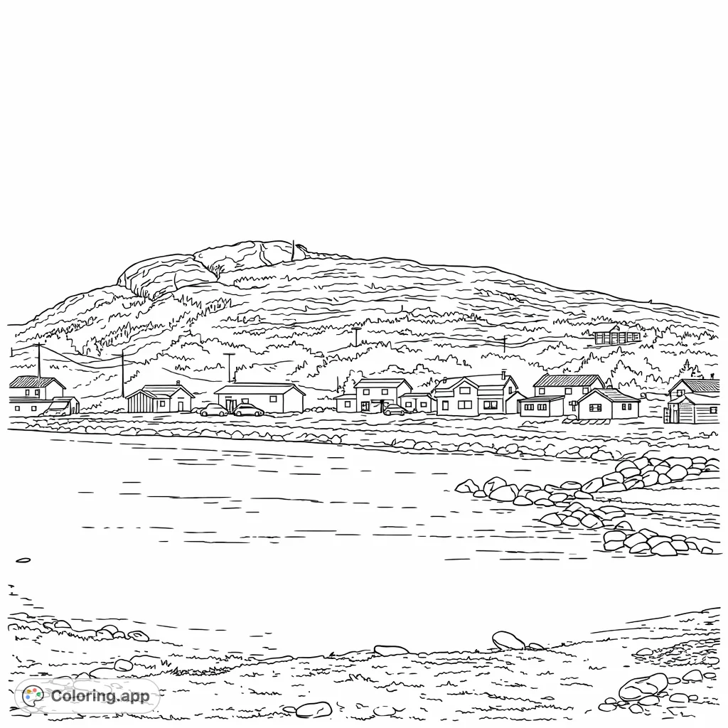 Explore a tranquil coastal village nestled by a calm bay and rolling hills. Perfect for a relaxing coloring escape with charming houses and serene nature.