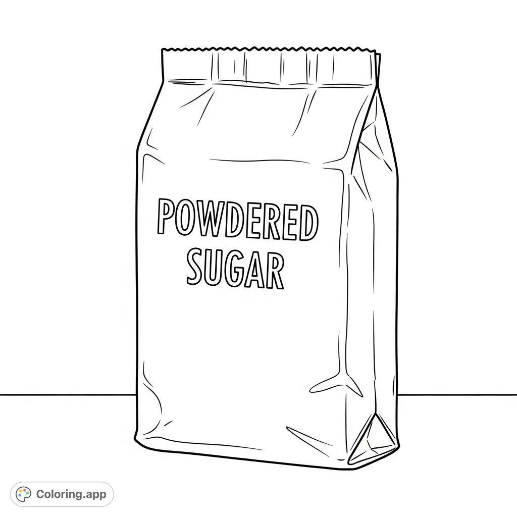 A simple powdered sugar coloring page with 'POWDERED SUGAR' text. Perfect for bakers and a free printable coloring page for all ages.