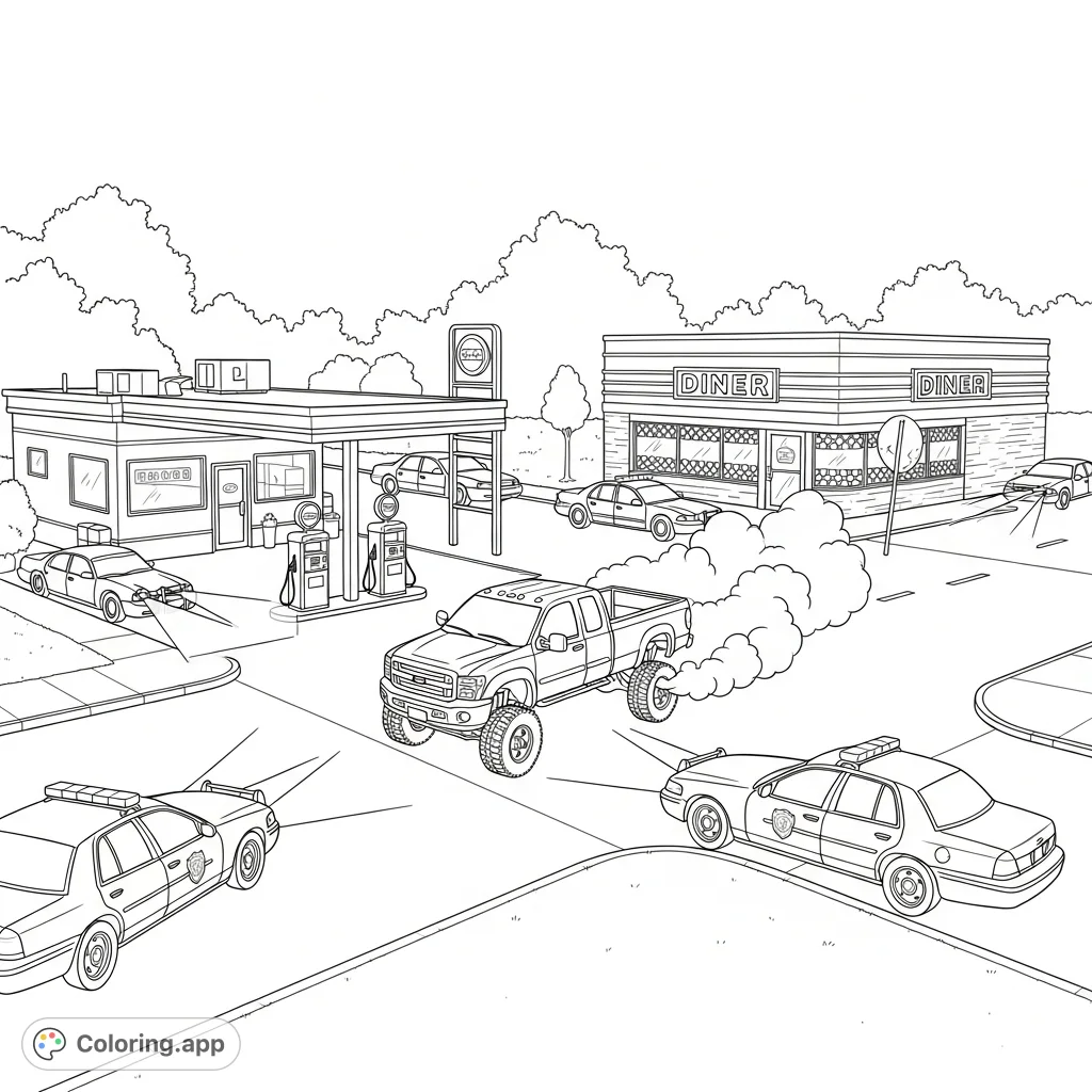 Explore a tense small-town street scene featuring a lifted diesel truck, two police cruisers, a classic gas station, and a diner. A dynamic American town coloring page.