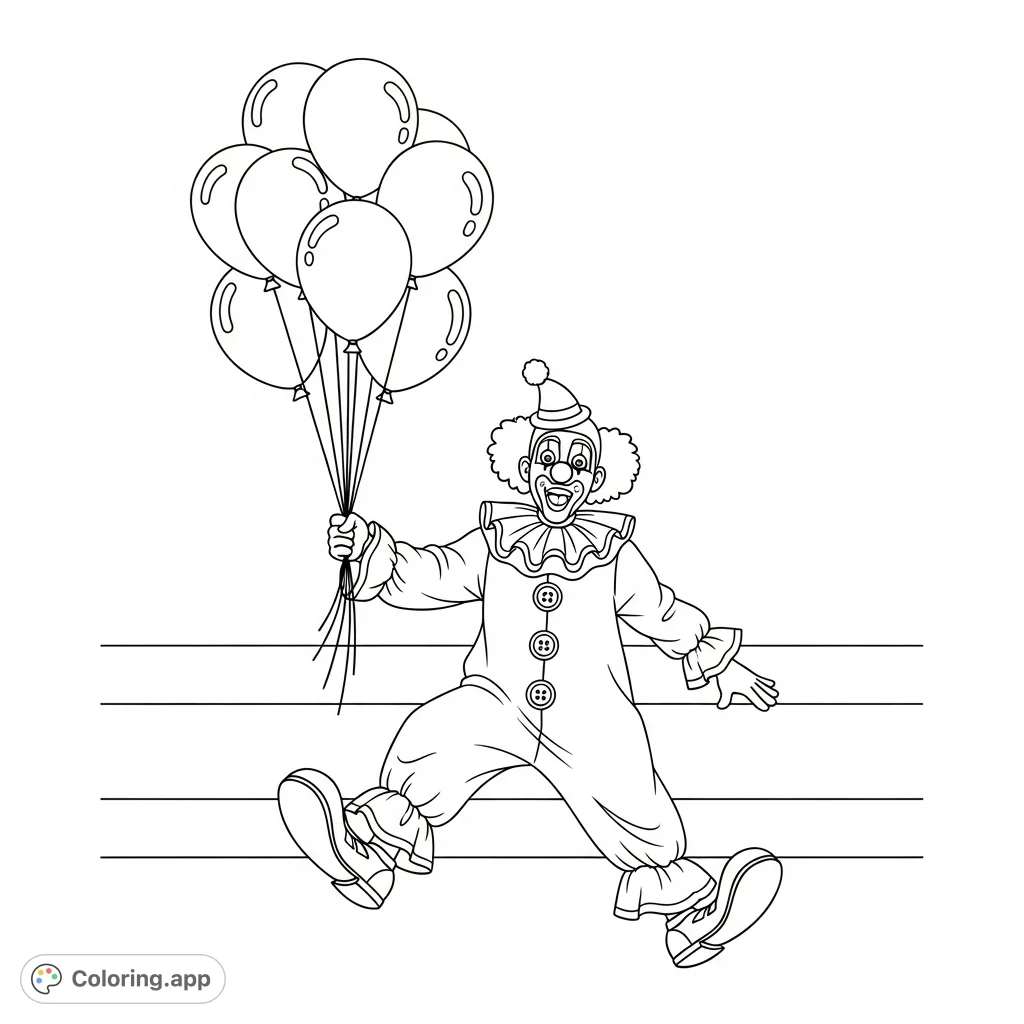 A happy clown making a surprised funny face while walking and holding a cluster of balloons, ready for a lively coloring adventure.