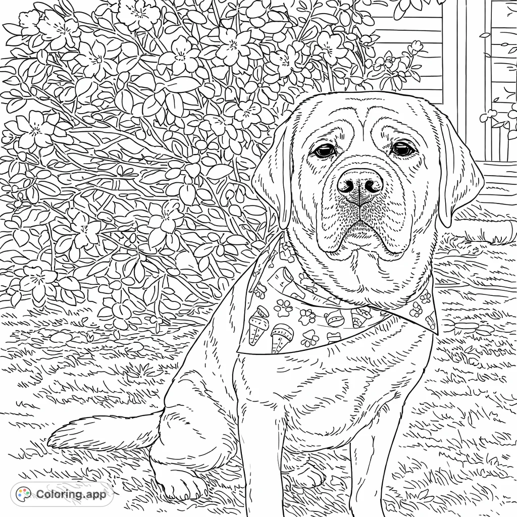 A charming Labrador sitting calmly amidst flowering shrubs. Features a delightful patterned bandana, perfect for bringing to life with your favorite colors.