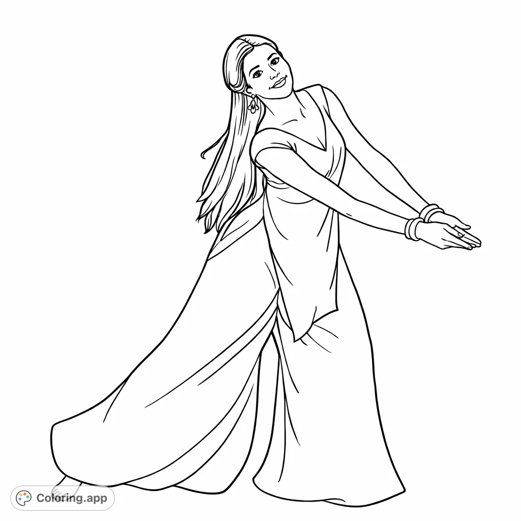 Capture the elegance of a woman mid-dance, featuring flowing attire and expressive movements. Perfect for artists to bring to life with vibrant shades and intricate details.