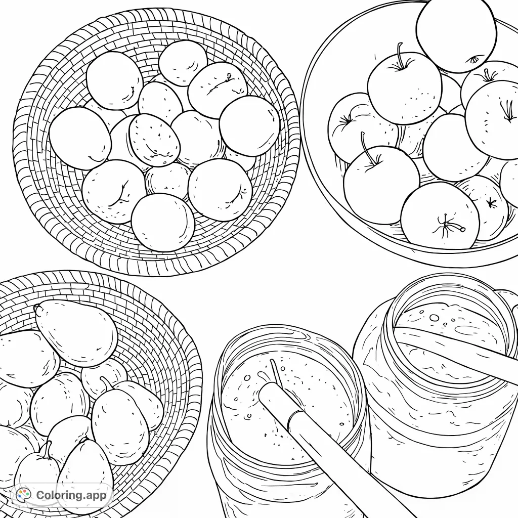 Discover a delightful still life featuring baskets of various fresh fruits like peaches, plums, apples, and pears, alongside wholesome homemade beverages, ready for your creative touch.