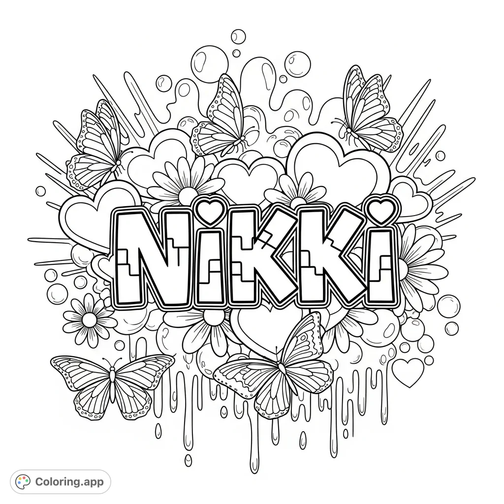 A vibrant "Nikki" graffiti coloring page featuring bold letters, hearts, flowers, and butterflies amidst dynamic bubble and drip patterns. Free printable!