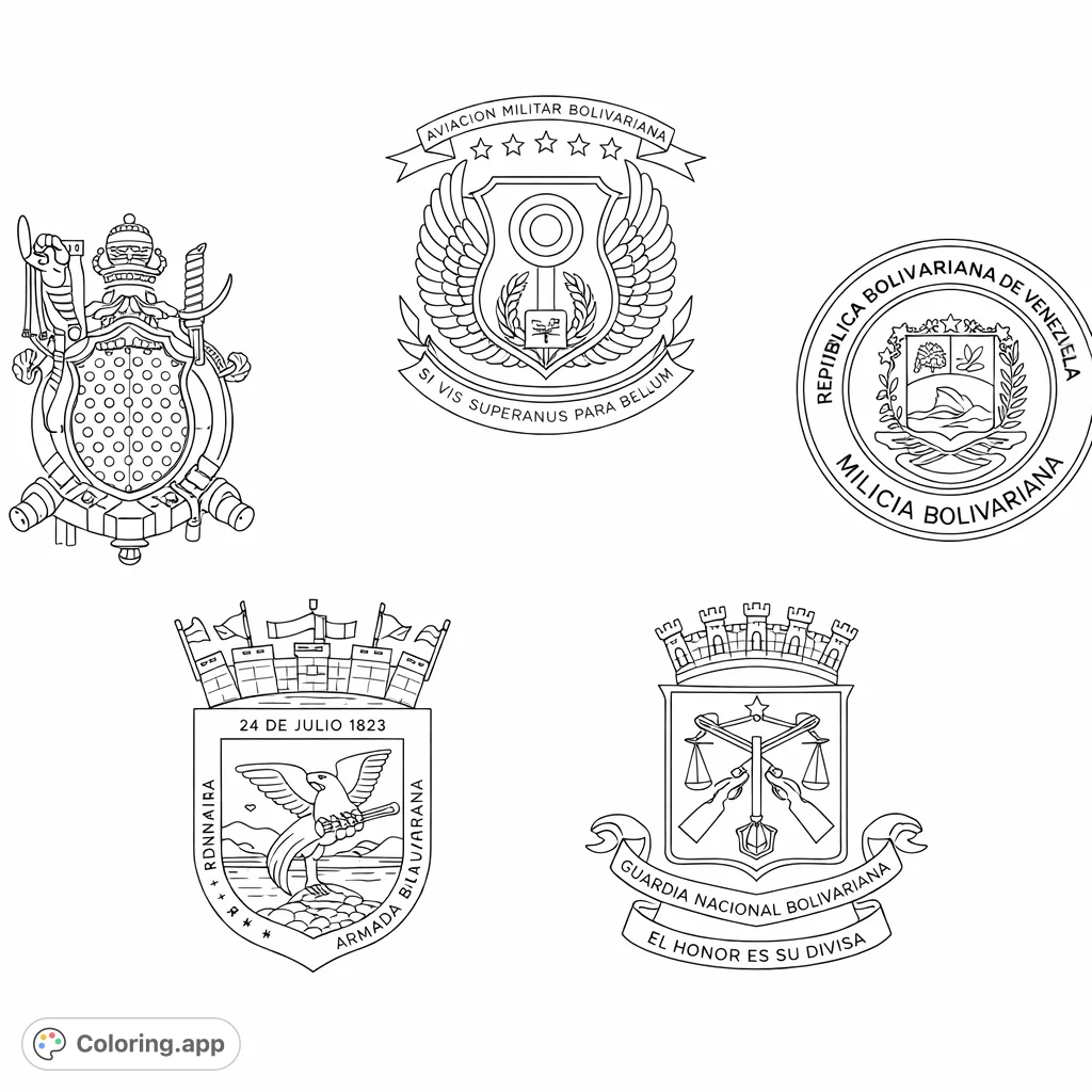Explore intricate national and military emblems featuring shields, eagles, crowns, and symbolic tools. A challenging coloring page for enthusiasts.