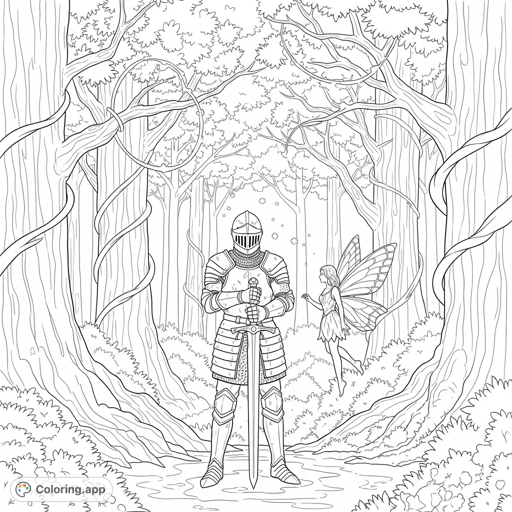 Embark on a magical quest with a brave knight, an enchanted sword, and a graceful fairy amidst an ancient, mystical forest, ready for your creative touch.