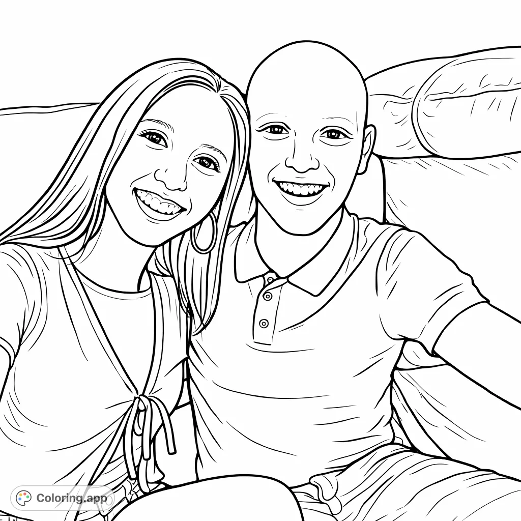 Capture a heartwarming moment with this smiling couple on a textured sofa. Perfect for personalizing expressions, clothing, and background details.