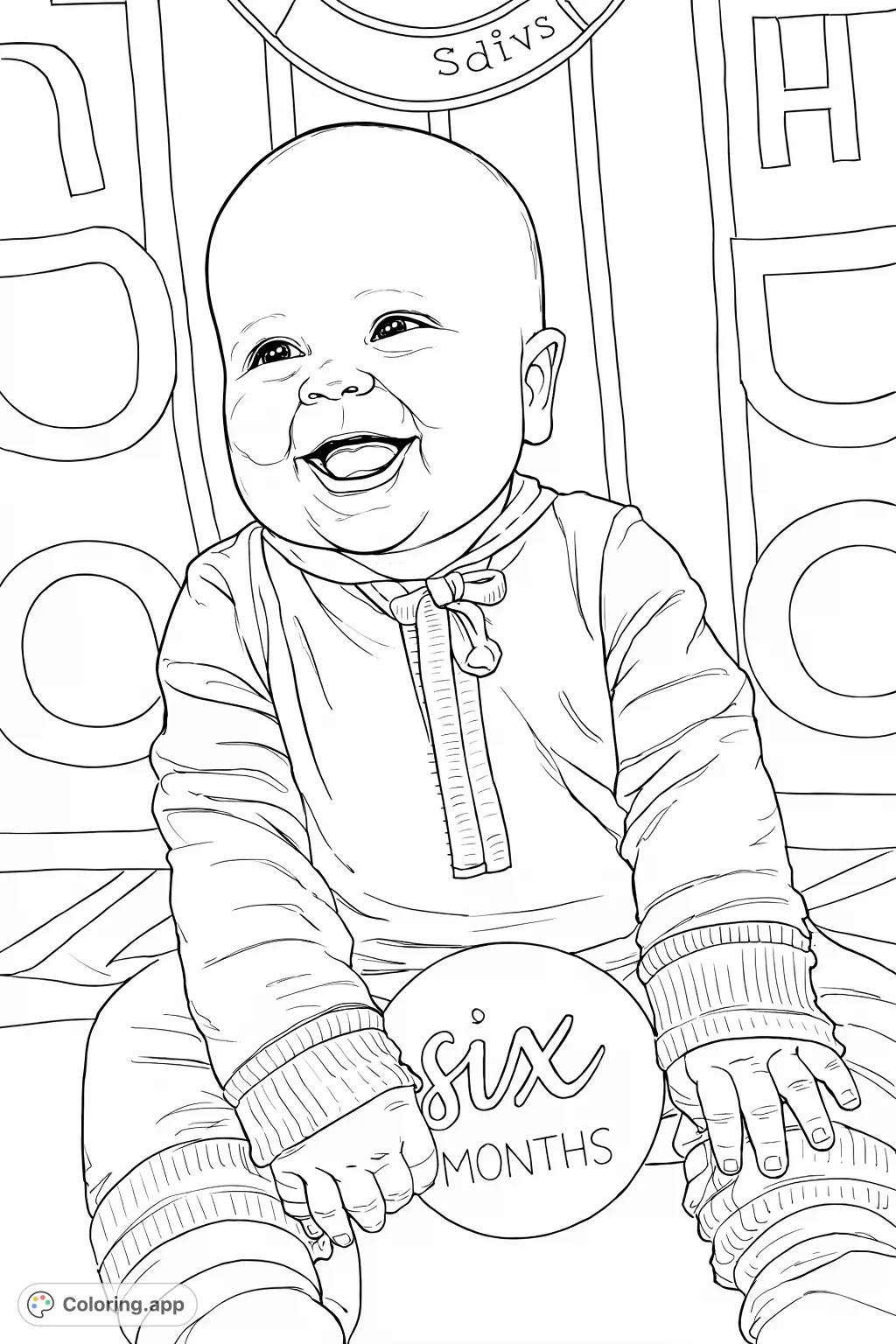 A heartwarming baby coloring page featuring a smiling infant celebrating six months, holding a milestone sign. Perfect for commemorating special moments.