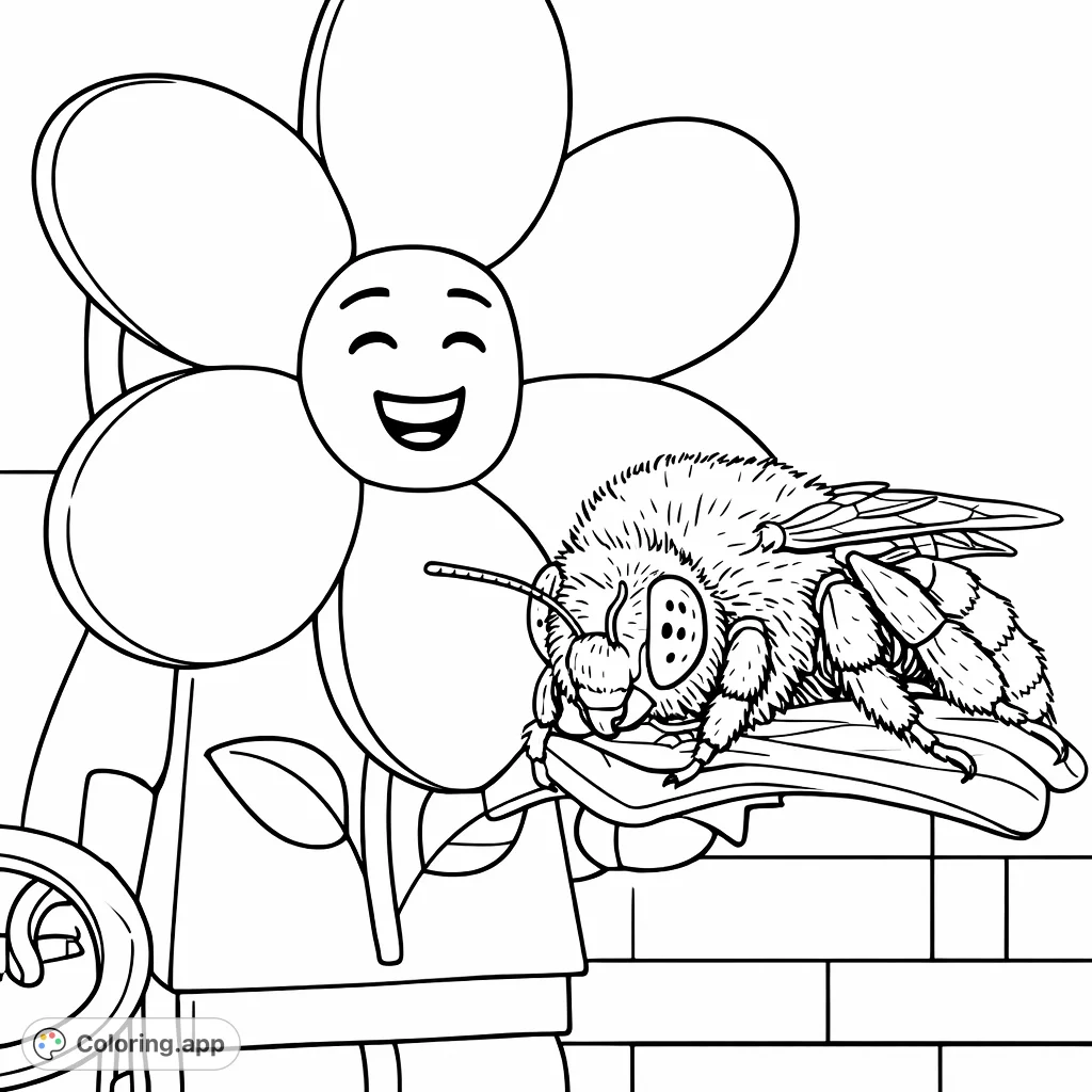 A charming scene featuring a friendly toy figure in a flower costume holding a furry insect on a leaf, perfect for creative coloring fun.