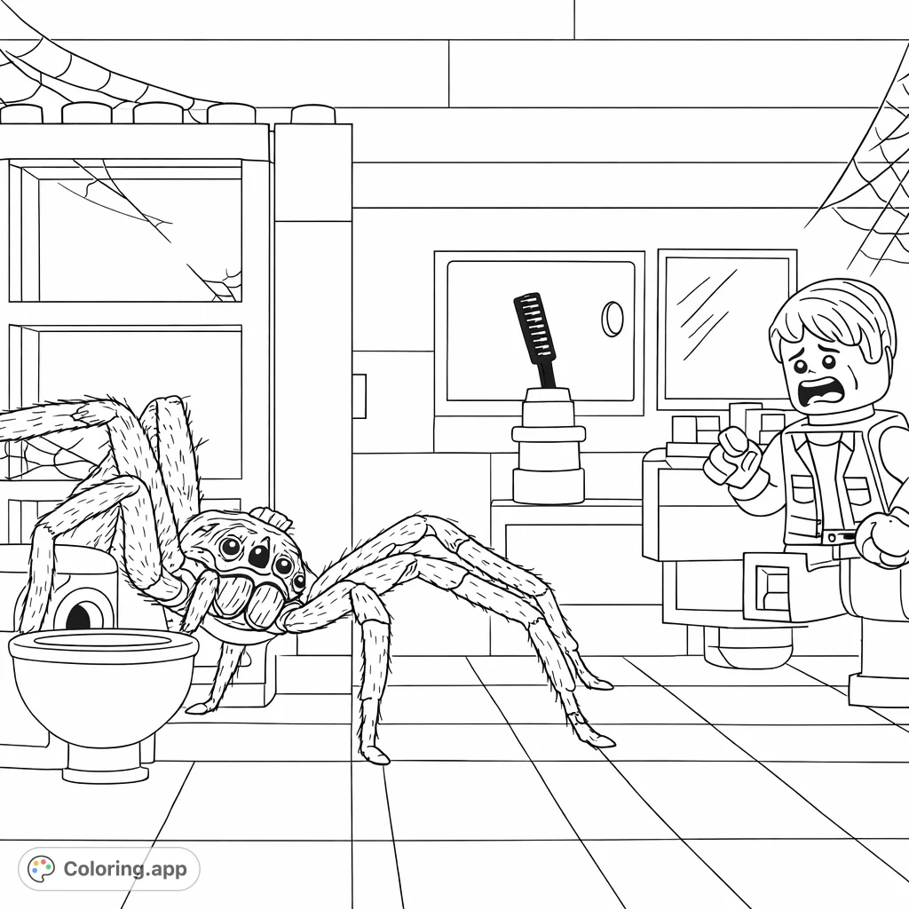 A LEGO minifigure faces a colossal spider in a block-built bathroom. This thrilling spider coloring page offers intricate detail, perfect for imaginative colorists.