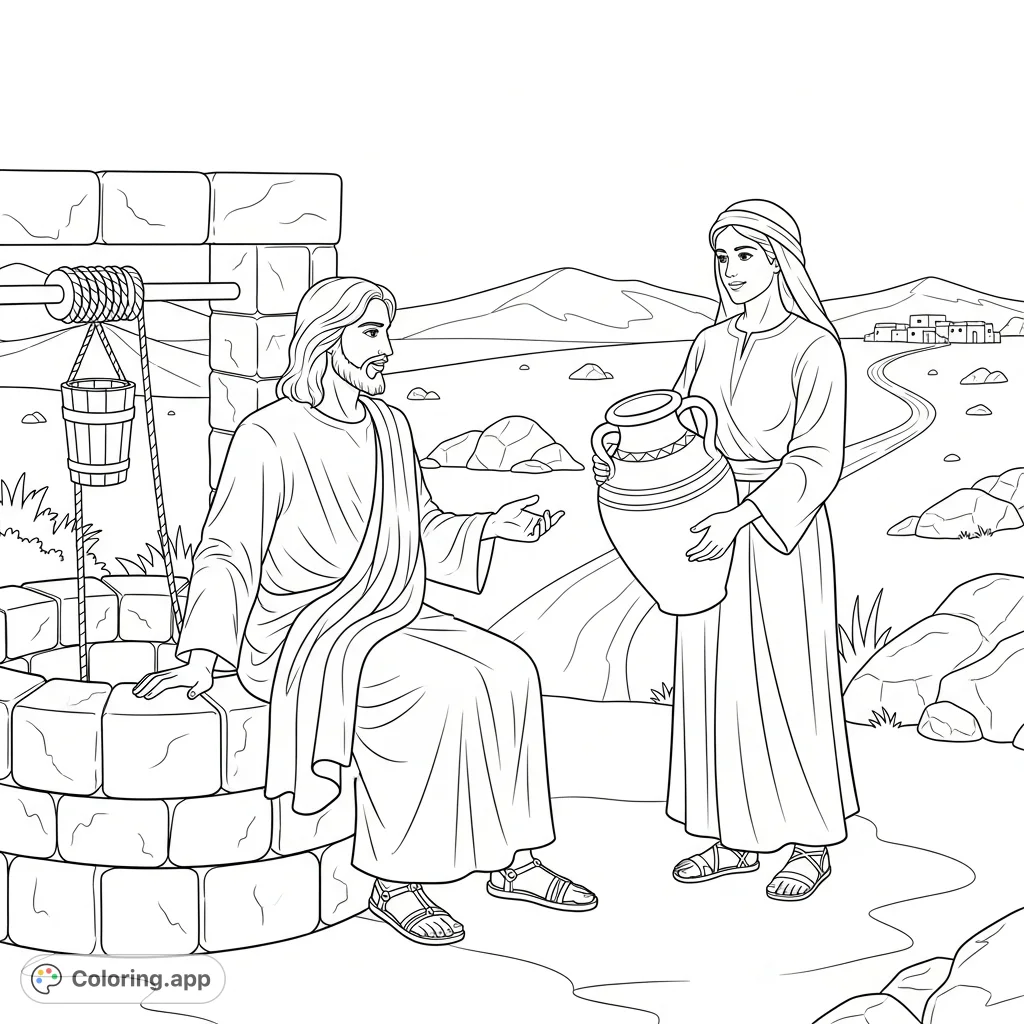 Explore the timeless Bible story of Jesus and the Samaritan woman at the well. A meaningful Christian coloring page for reflection and faith.