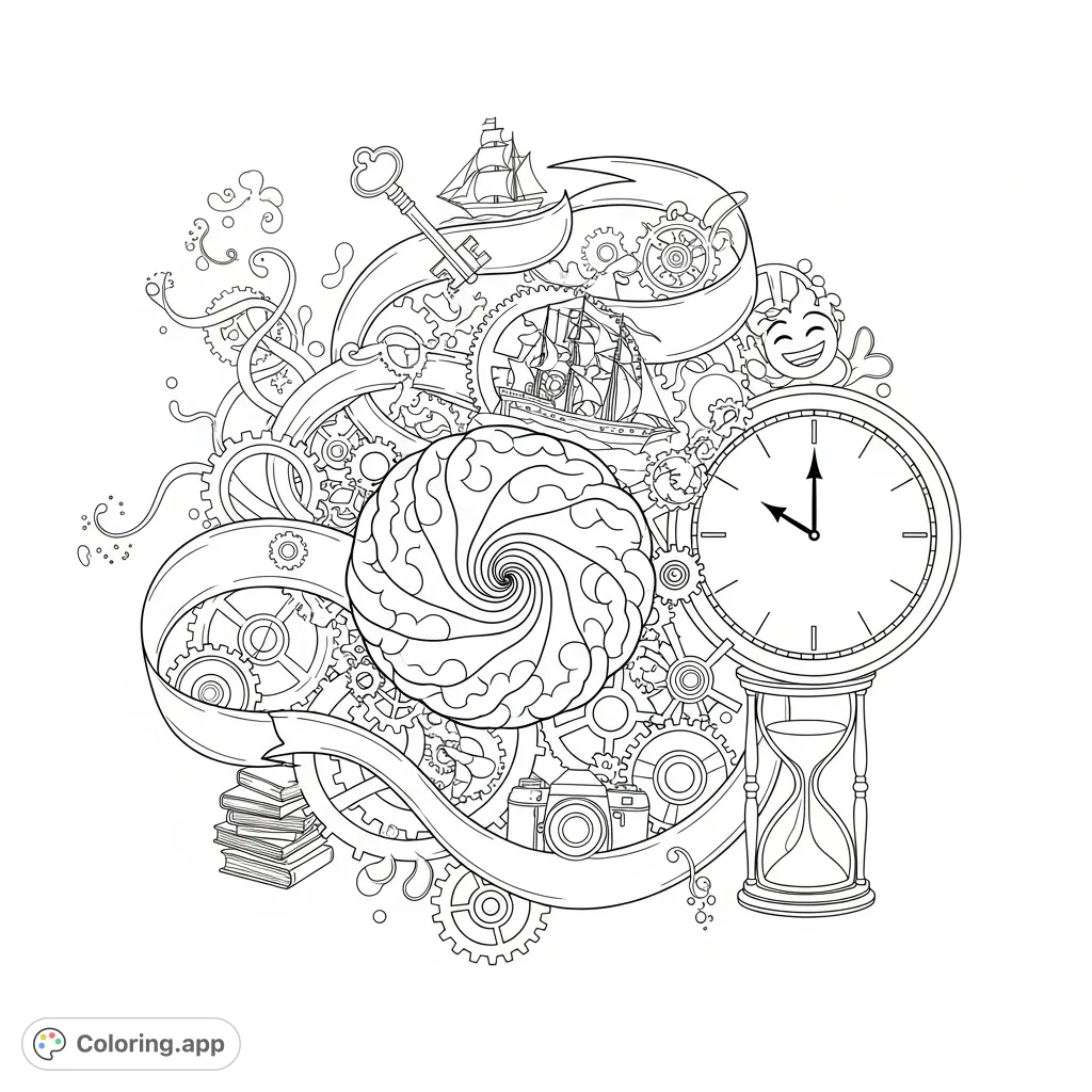 Explore the intricate tapestry of memory with this detailed coloring page, featuring gears, ribbons, and symbolic objects representing forgotten moments.
