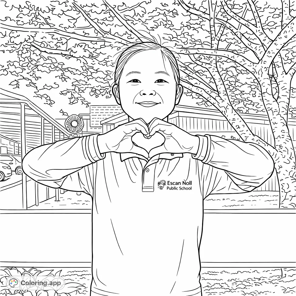 A cheerful child forms a heart with her hands, radiating warmth and kindness. A delightful scene perfect for young artists to express creativity.