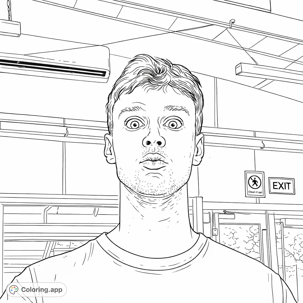 Capture a humorous moment with this expressive portrait coloring page. Featuring a person with wide eyes and a pout, set against a simple indoor background.
