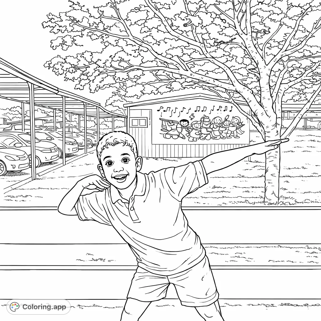 A cheerful boy strikes a dynamic pose, leaning on a railing with a background of a school building, musical mural, and a leafy tree.