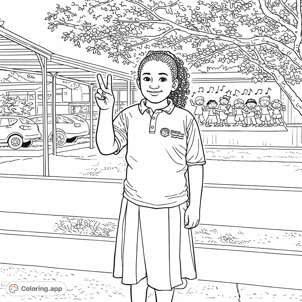 A cheerful school girl gives a peace sign, standing before a vibrant school mural and a large tree. Perfect for kids to express creativity!