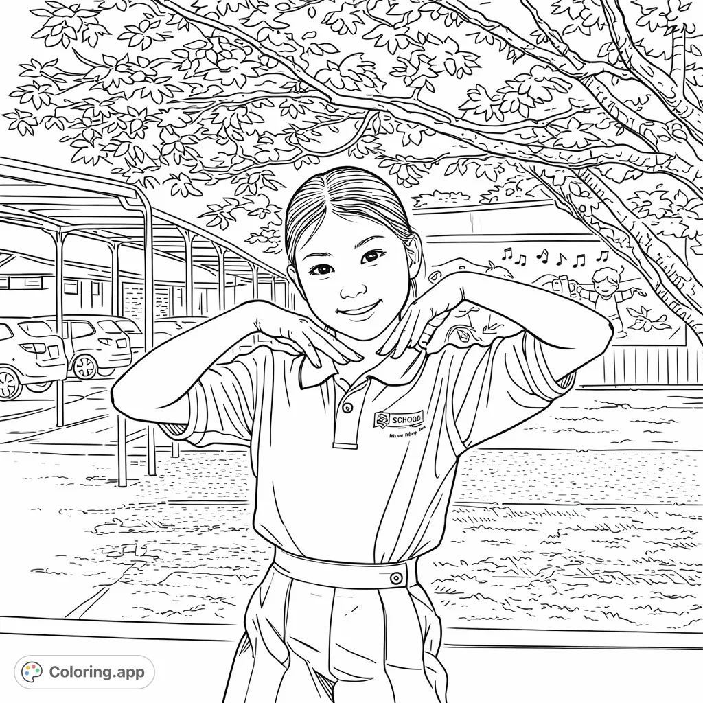 A cheerful schoolgirl makes a heart gesture, standing proudly in her uniform against a backdrop of a leafy tree, school buildings, and a playful mural.