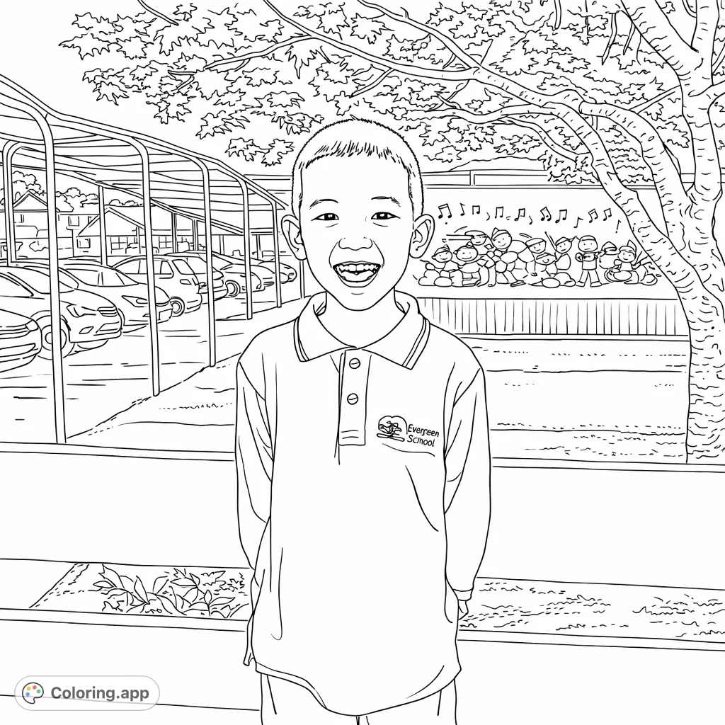 A cheerful student smiles in a schoolyard setting, complete with a lively mural, covered walkway, and large tree. A fun school coloring page.