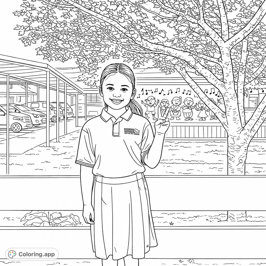 A cheerful girl in a school uniform flashes a peace sign against a backdrop of a school building with a musical mural and a large tree. Perfect for kids!