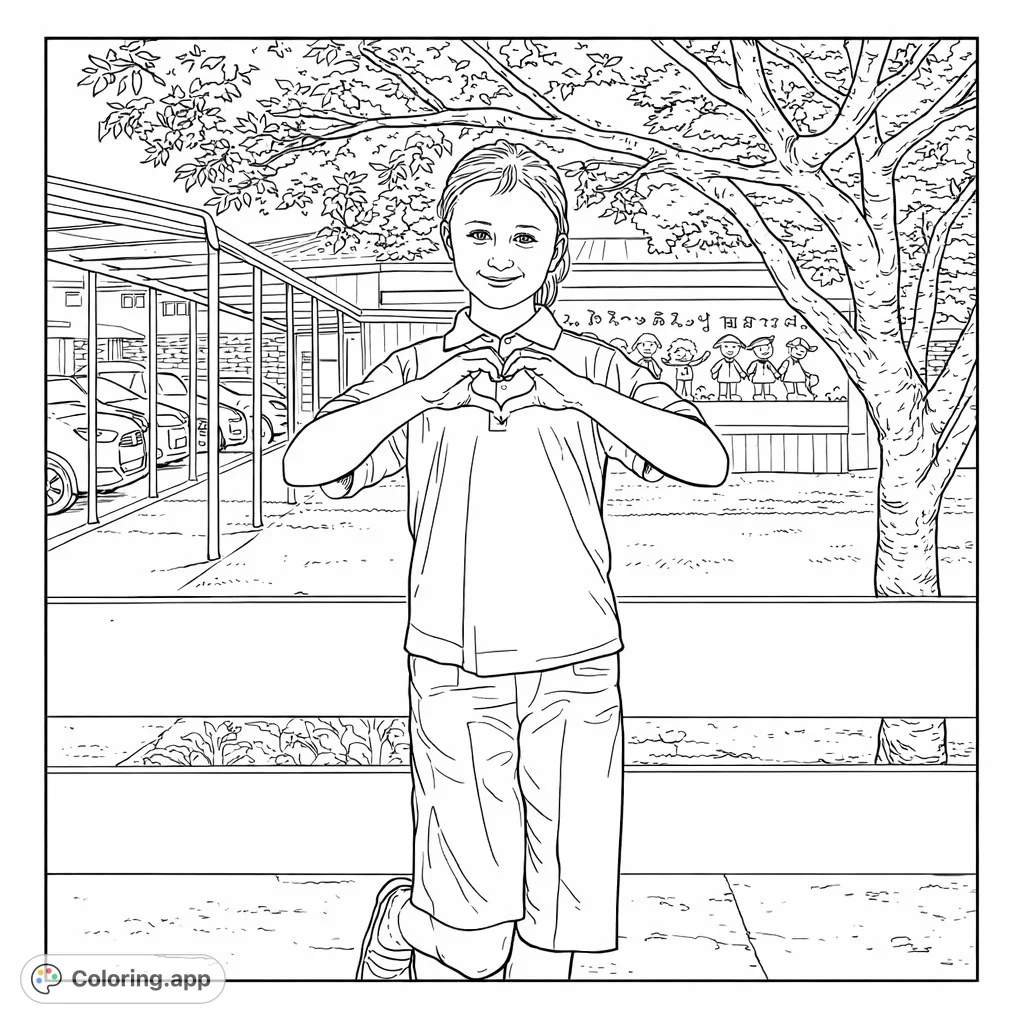 A cheerful child makes a heart gesture in a schoolyard, featuring a fun mural and a tree, perfect for creative coloring.