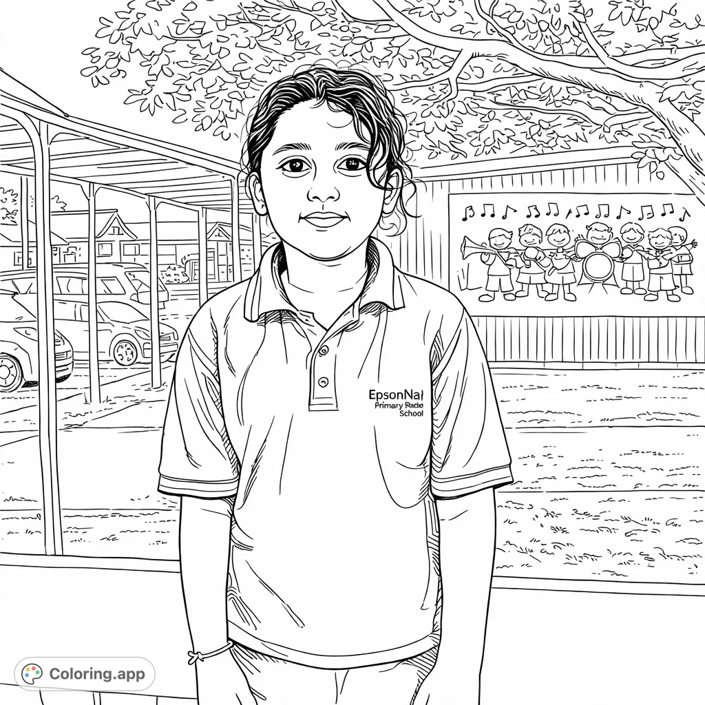 A charming schoolyard coloring page featuring a student in uniform against a lively mural, perfect for engaging young artists.