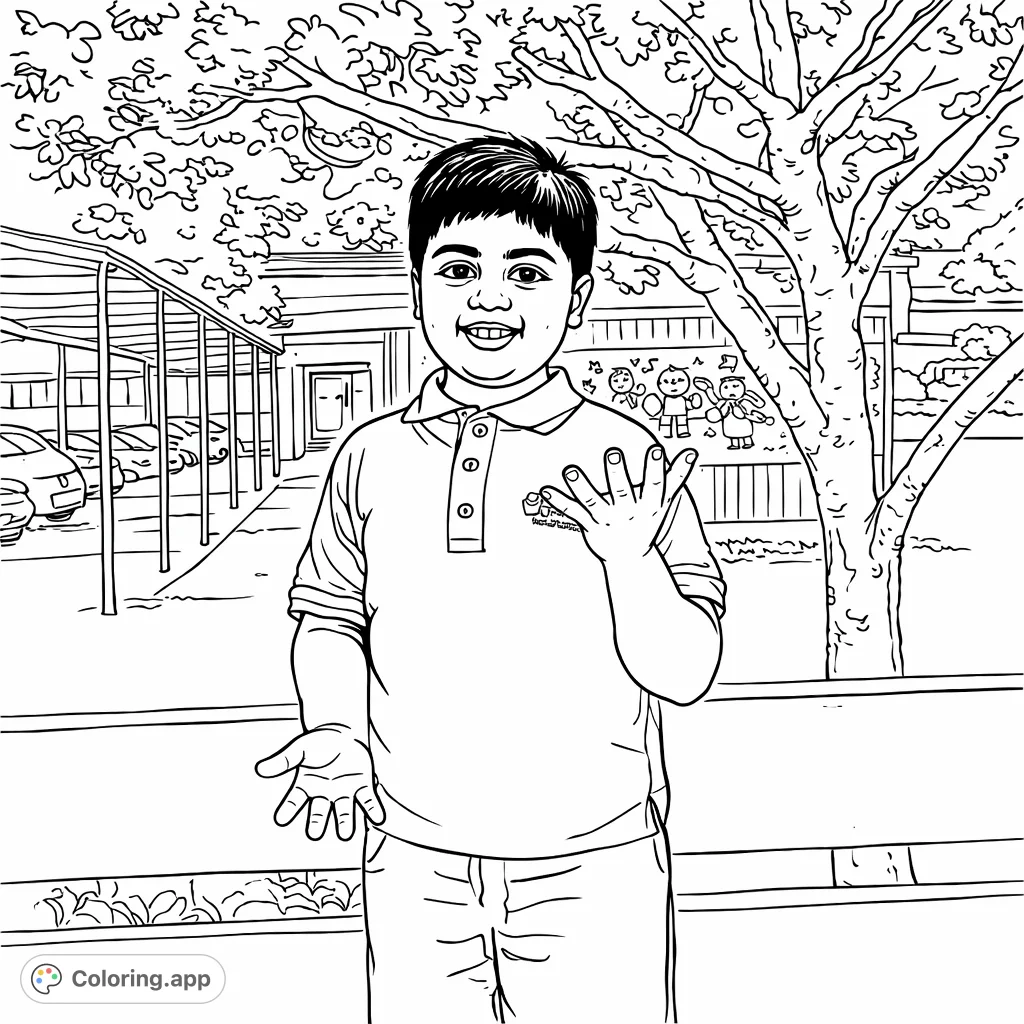 A cheerful boy poses at school, with a tree, building, and mural in the background. Perfect for kids to color and explore a school setting.