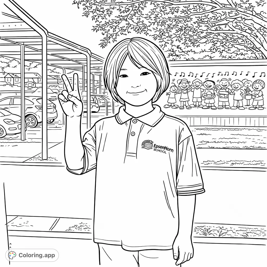 A cheerful child flashes a peace sign in their school uniform, with a vibrant mural of children playing music in the background, set against a schoolyard scene.