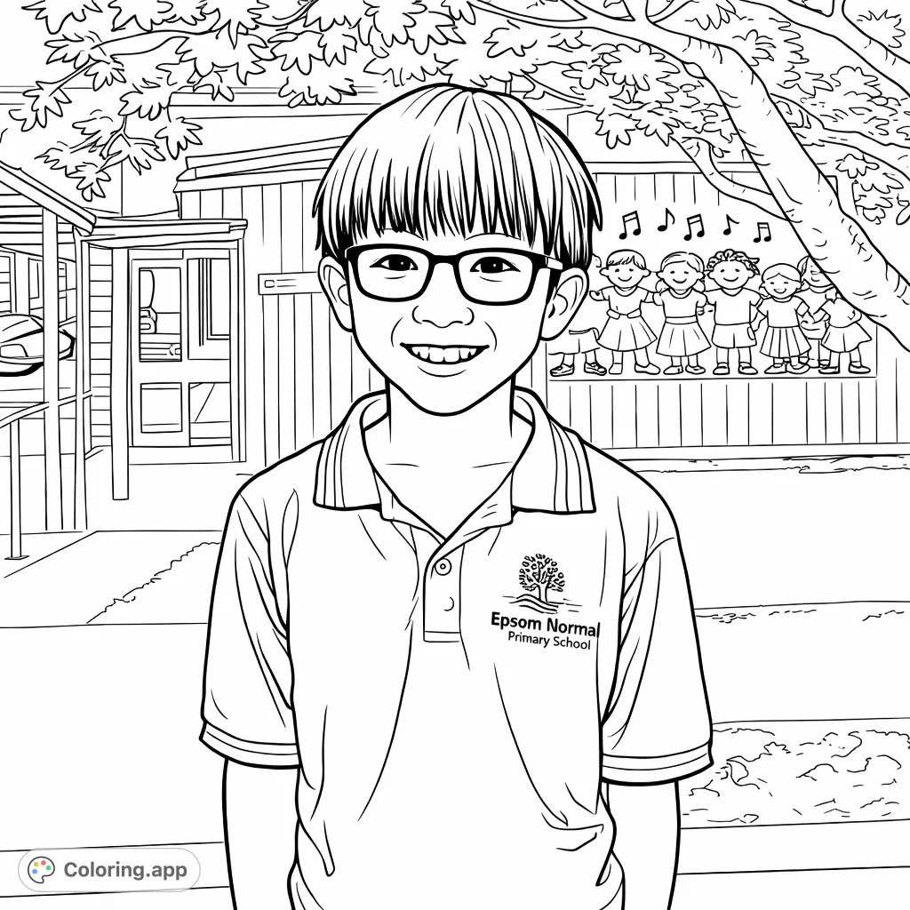 Capture the joy of a smiling school boy in his uniform, standing before a vibrant school mural. Perfect for celebrating school spirit and childhood.