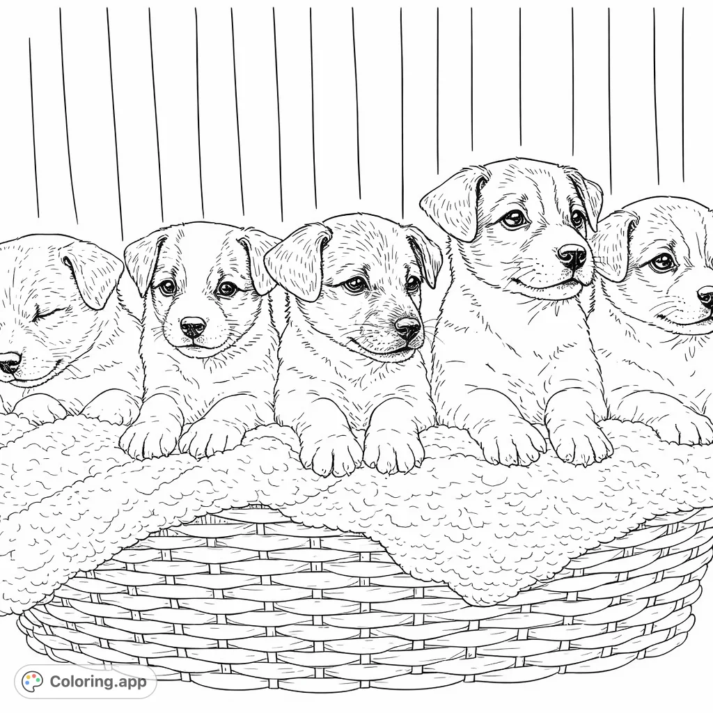 Five adorable puppies snuggle in a woven basket on a soft blanket, ready for your creative touch. Perfect for animal lovers and all ages!