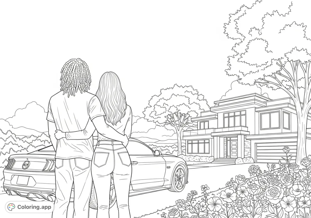 A modern couple enjoys a stunning sunset view, with a sleek Ford Mustang and a stylish two-story home completing the picturesque scene. A detailed coloring page.