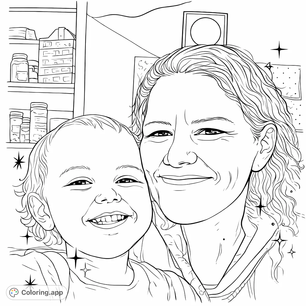 Capture the heartwarming bond of a mother and child with this free printable family coloring page, featuring two smiling faces in a close embrace.