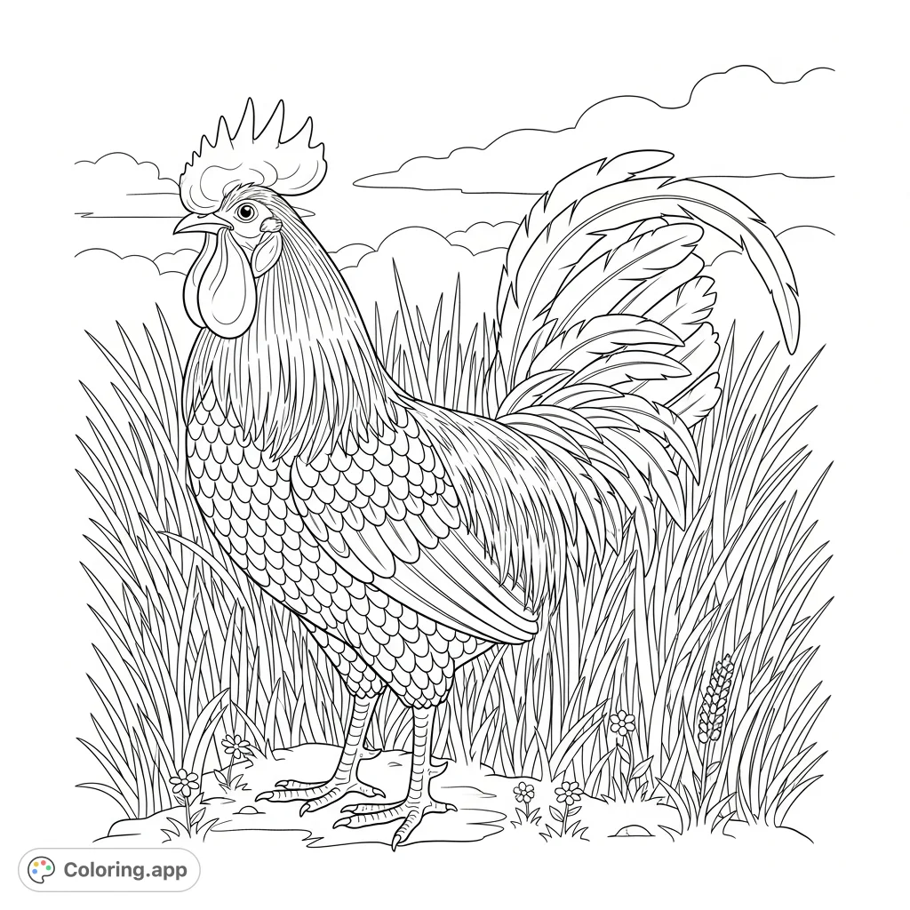 Discover a charming rooster standing proudly in a grassy field. A delightful free printable coloring page perfect for all ages to enjoy creative expression.