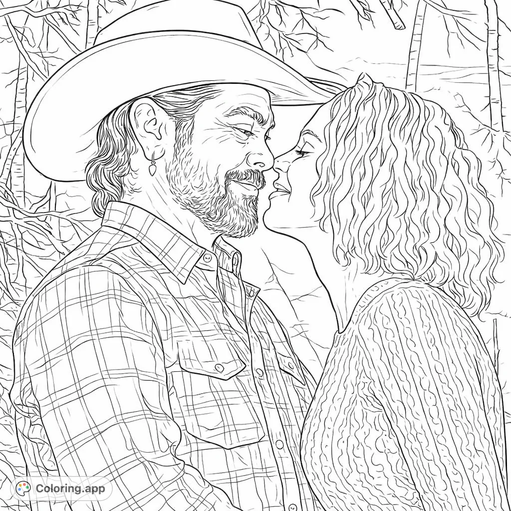 A heartwarming couple shares a tender moment outdoors, featuring a man in a cowboy hat and a woman with curly hair. Perfect for expressing love and connection.