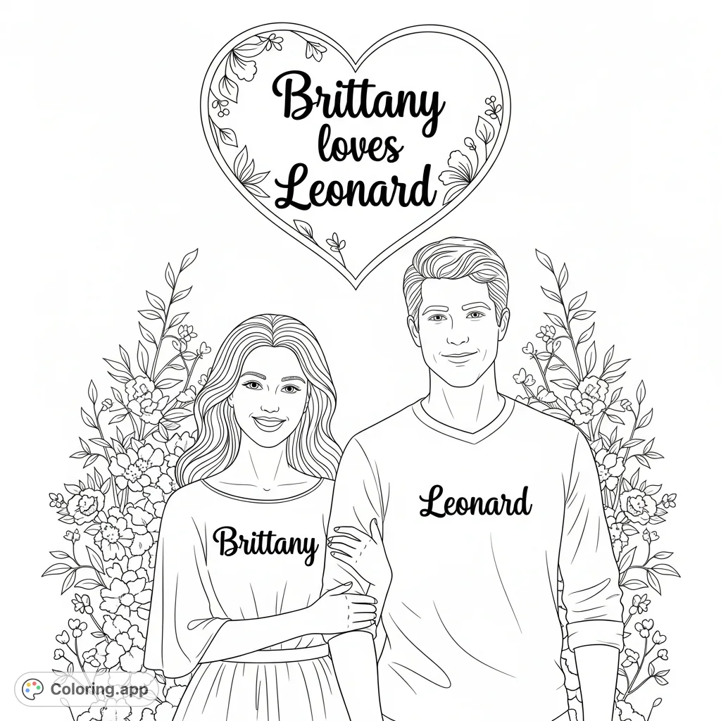 Celebrate love with this charming Brittany loves Leonard coloring page. Features a couple embraced, framed by a heart and a serene garden.