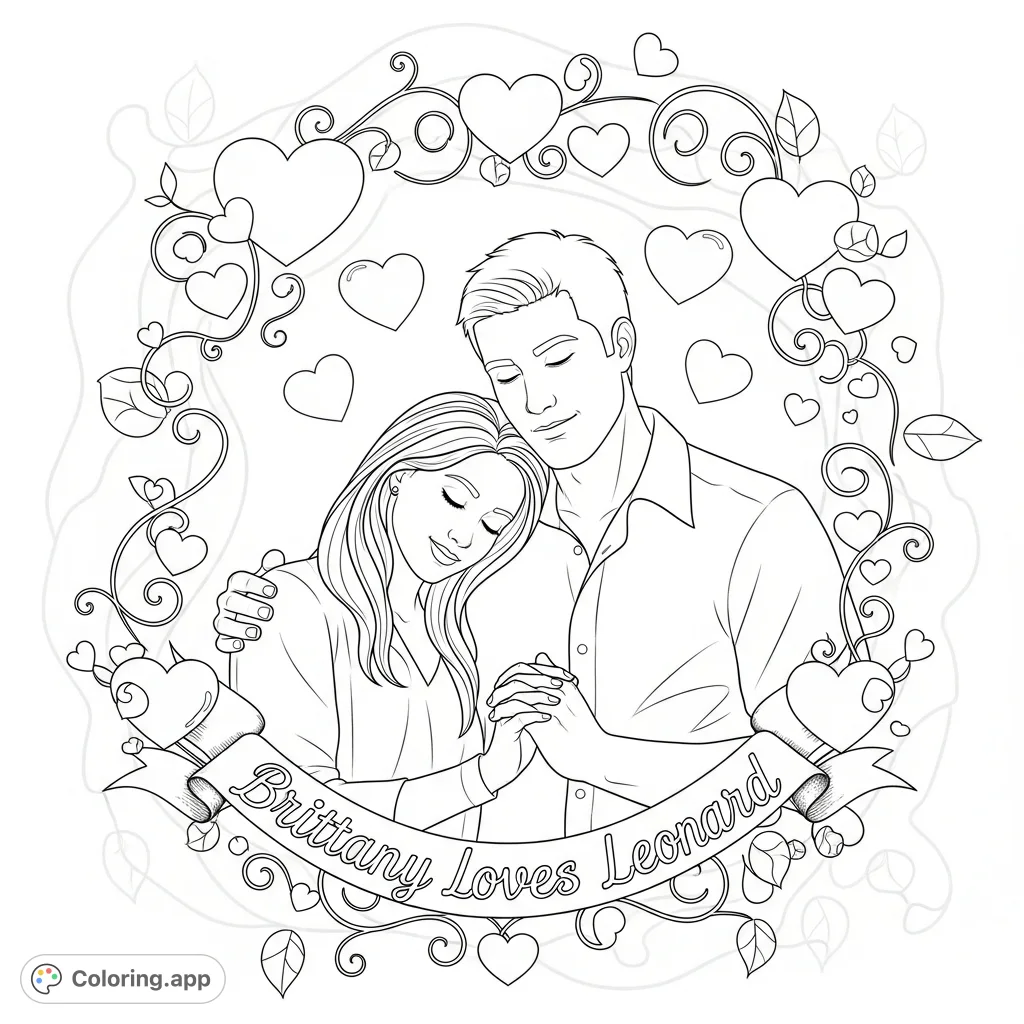 A heartfelt Brittany loves Leonard coloring page featuring a couple in a tender embrace, surrounded by decorative hearts, swirling florals, and a loving message.