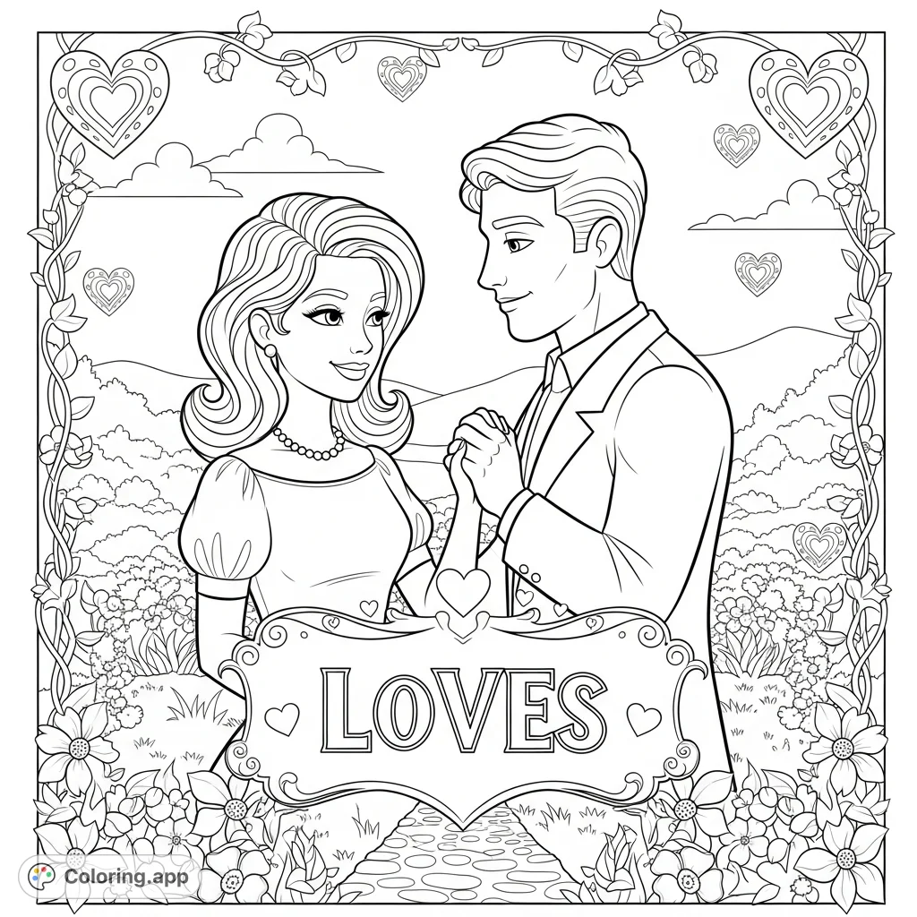 Celebrate love with Brittany and Leonard in a whimsical garden. This romantic coloring page features a sweet embrace, "Loves" text, and charming details.