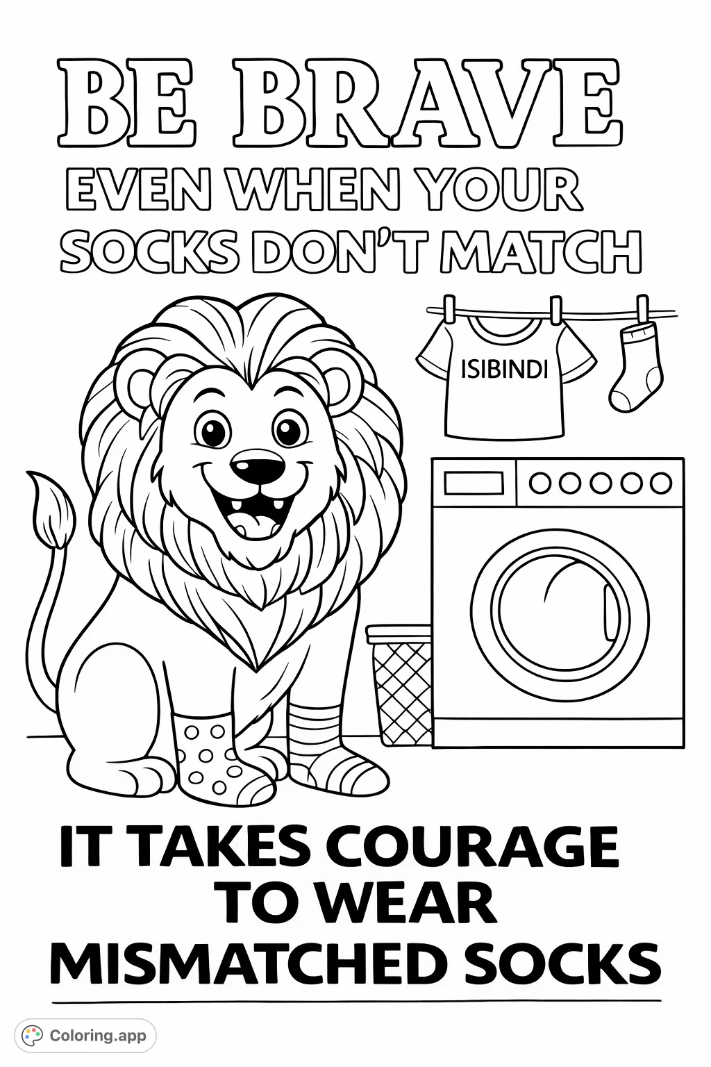 A cheerful lion proudly wears mismatched socks beside a laundry scene, embodying bravery in individuality. Perfect for inspiring confidence and creative expression.