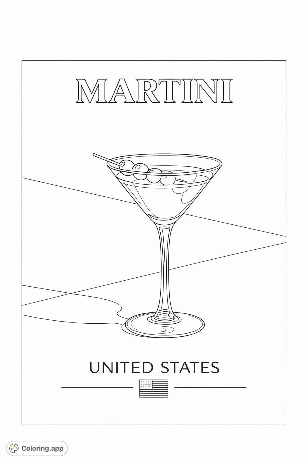 Unwind with this sophisticated martini coloring page, featuring a detailed glass, olives, and vintage-style typography. Perfect for a relaxing creative escape.